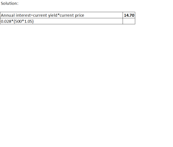 Solution: 14.70 Annual interest=current yield *current price 0.028*(500*1.05)