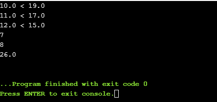 10.0 < 19.0 11.0 < 17.0 12 .0< 15.0 7 8 26.0 . .Program finished with exit code 0 Press ENTER to exit console.