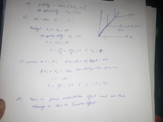 4 a) uklity - men [3x, x27 At optimality 2=3x, b) M=120, Pal Pal Budget x + x2 = M At optionality X2 = 3x1 (x2,03x) mm X, + 3