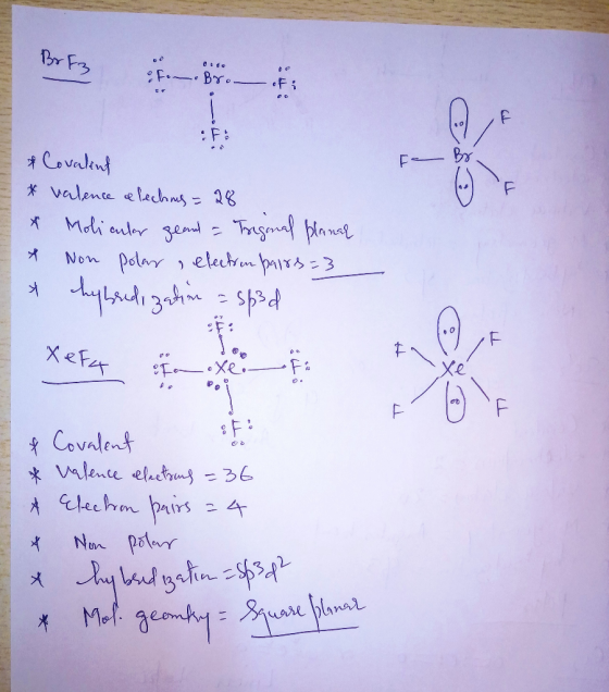 Br F3 un bra * * & Covalint * valence & fechames=28 * Moli anlar geanl - Triginal planar * Non polar , electron pares=3 * hyb