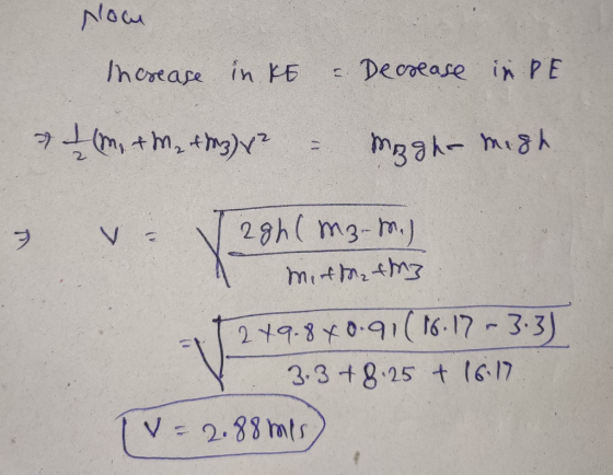 Now Increase in kt – Decrease in PE a 1 (m, + M₂ fm3) v² - Mozghamish - 2gh (m3 - m.) Midtre try t249.840.91(16.17 - 3.3) 3.3