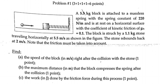 Problem #1 (3+1+1+1 6 points) A. 5.5 kg block is attached to a massless spring with the spring constant of 220 Nlm and is at rest on a horizontal surface with the coefficient of kinetic friction of Hk i 0.1. The block is struck by a 1.1 kg stone traveling horizontally at 5.5 m/s as shown in the figure. The stone rebounds back at 2 m/s. Note that the friction must be taken into account. Find: (a) the speed of the block in m/s) right after the collision with the stone point); (b) the maximum distance (in m) that the block compresses the spring after the collision (1 point (c) the work (in J) done by the friction force during this process (1 point)