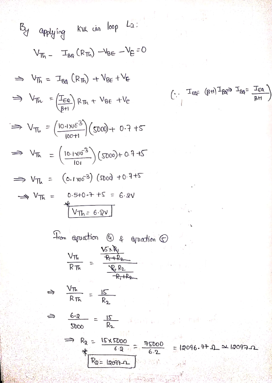 Lai By applying KVh can loop VT- IBO (RTL) VBE -Ve=0 VTT = Tea RTG) + VBE + VE Vih (Iee) Rth + VBE tve ㅋ (: Tea (BH) I Bet Je