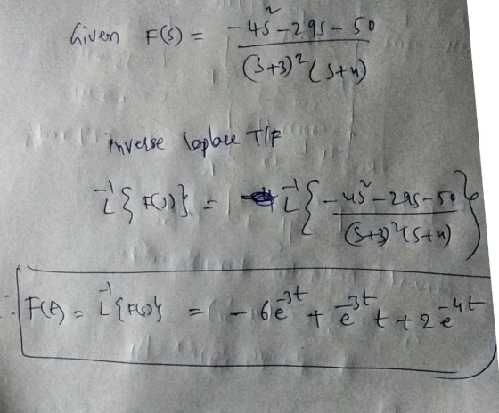 Given F (S) = -45-295-50 (3+3² (sty) inverse replace TIF 2 { upl - air u5-295-50 (8+3 st) ㅢ -t F(A) = L{F} (be tette -3t -h