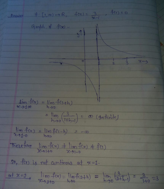Answer I f(x) = 3 forso - f. [1o) IR, Graph of foxo - lim f(x) = lim felth) 70-17 hyo slim G holith-1) h): 0 (Anfinite) lim f