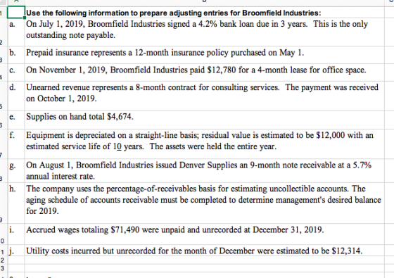 | a. Use the following information to prepare adjusting entries for Broomfield Industries: On July 1, 2019, Broomfield Indust