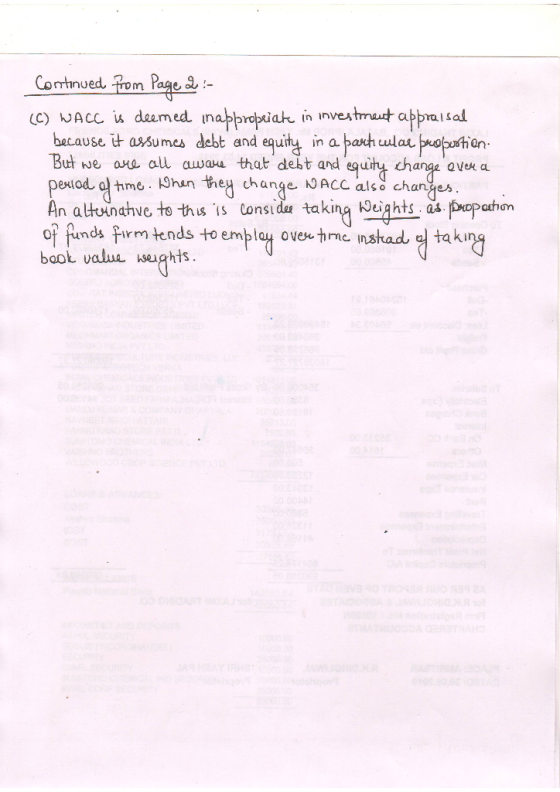 Continued from Page 2 : (C) WACC is deemed inappropriate in investment appraisal because it assumes debt and equity in a part