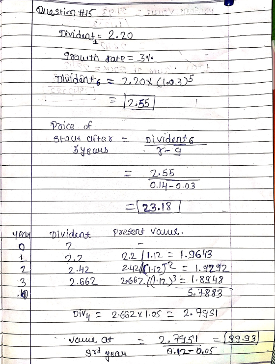 Question #15 ŚP. Divident: 2.20 ICS 900wth date=30/6. Dividenta = 2,20x (1003) 3 [2.55 I Price of stour after a Byears sivide