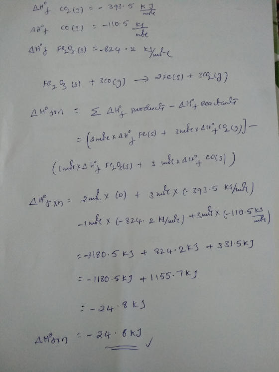 CHg co2 (3) = - 392.5 t u ve Alf co(s) = -110.5 kg AHJ FLOz (s) = -824.2 khule moe Fly 3 (s) + 3c0cg) - PFC(s) + 300_19) A Ho