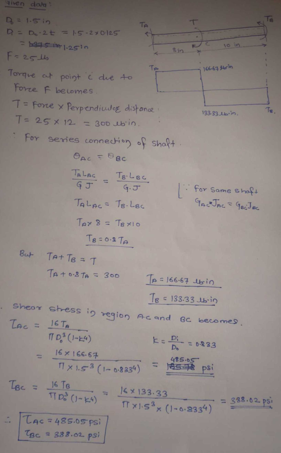 Given dala Te TA Do = 1.5 in D = Do-2t = 1.5-2x0.125 = 1395 mm 1.2516 F=25ls 10 in sin * Те 166-676in Torque at point Ċ due t