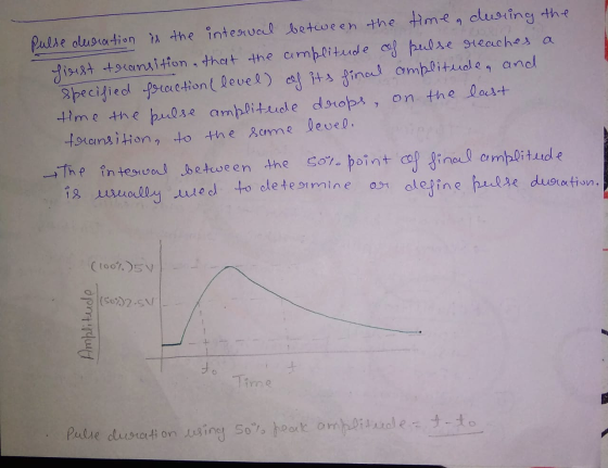 Pulse deeration is the interval between the time a during the first transition that the amplitude of pulse reaches a specifie