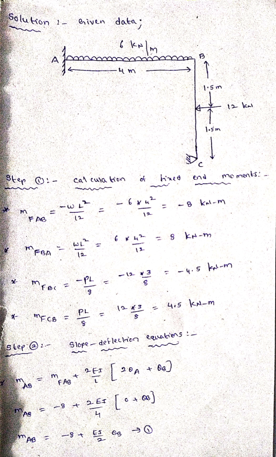 Solution - Given data; kalm 6 B A 4 m 1.5 in 12 kal 1.sm с Step ①:- calculation of tined end moments: - 6 x 4² -WL? 8 kalom m