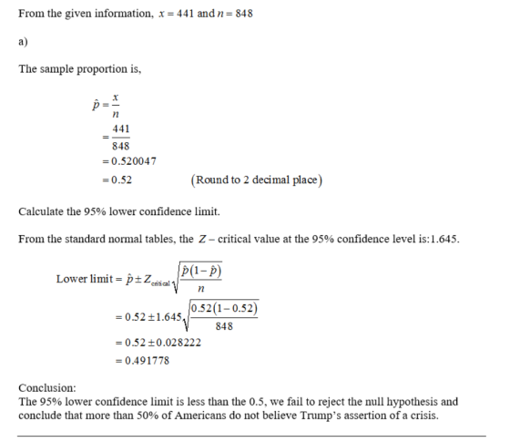 From the given information. x-441 and n a) The sample proportion is, 848 441 848 0.520047 -0.52 (Round to 2 decimal place) Ca