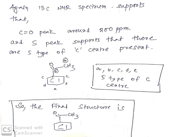 Aga13c that NMR Spechum - suppros C=O peak arsuaa +hese azd supports tht peak preleat Orie type of b, C, d e 9ty pe of C ceat