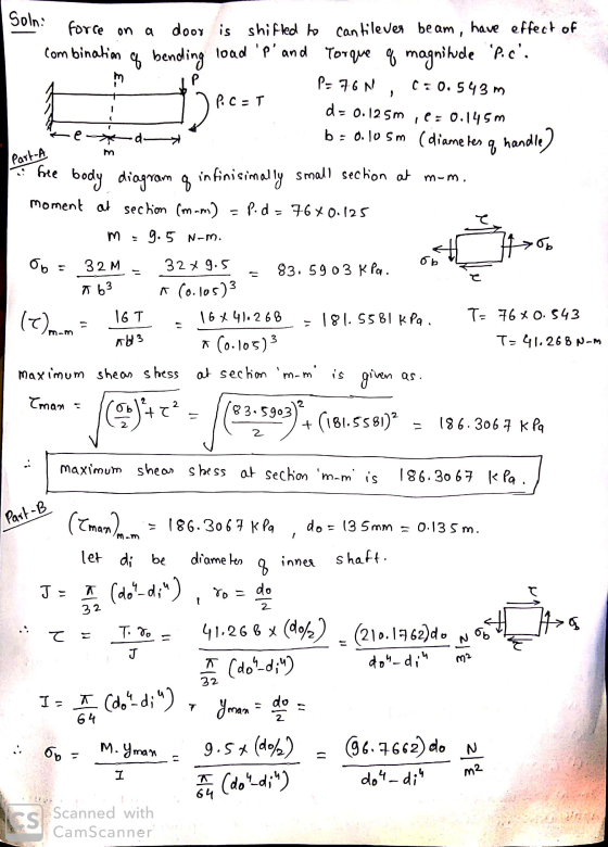 P P=76N d- 0.125m - Solni force on a door is shifted to door is shi fled to cantilever beam, have effect of combination & ben