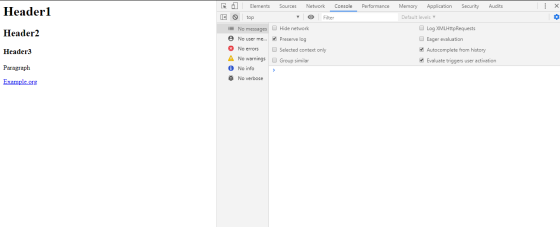 Performance Header1 O Header2 2 Elements top != No messages No user me... No errors A No warnings 6 No info & No verbose Sour