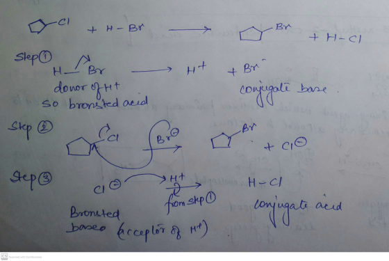 + H-Br By +H-Cl re HT X Br Slep H Br donor ofret so broneted acid base conjugali Step Br So ВО &c. Step ③ al Ht lipaston H-Cl