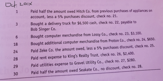 Oct. 201X Paid half the amount owed Hitch Co. from previous purchases of appliances on account, less a 5% purchases discount,