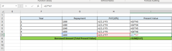 Function Library Defined Names Formula Auditing 2 Year Repayment PVE( 10% Present Value G3 H3 G4 H4 1300 1380 1540 1600 1600
