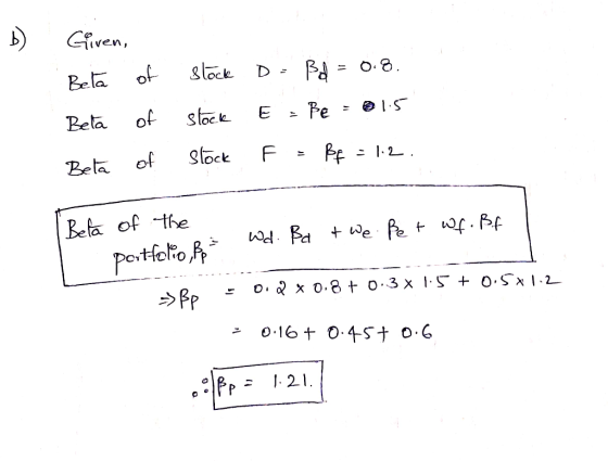 Given, Beta Beta Beta of of of stock Do Bd = 0.8. stock E - Be = 01.5 stock F = Rp = 1.2. I Beta of the ;= wd. Ba t we ßet wf