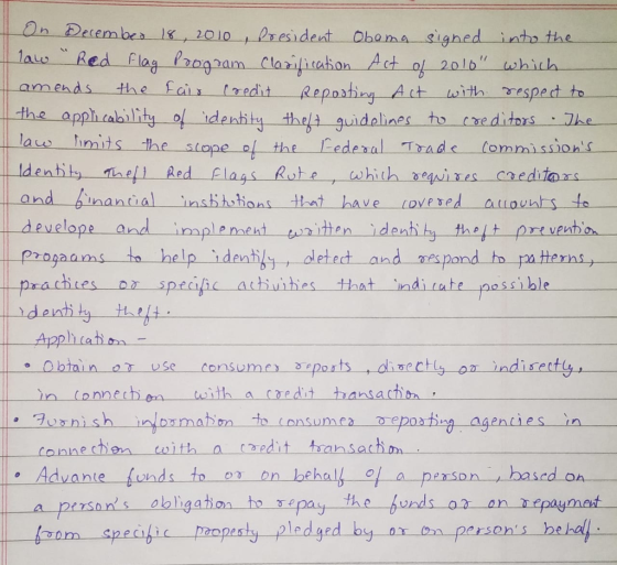 On Decembea 1, 2010 , President Obama signed into the Red Flag Program Clarifitabon Act the fair tredit Reposting Act with es