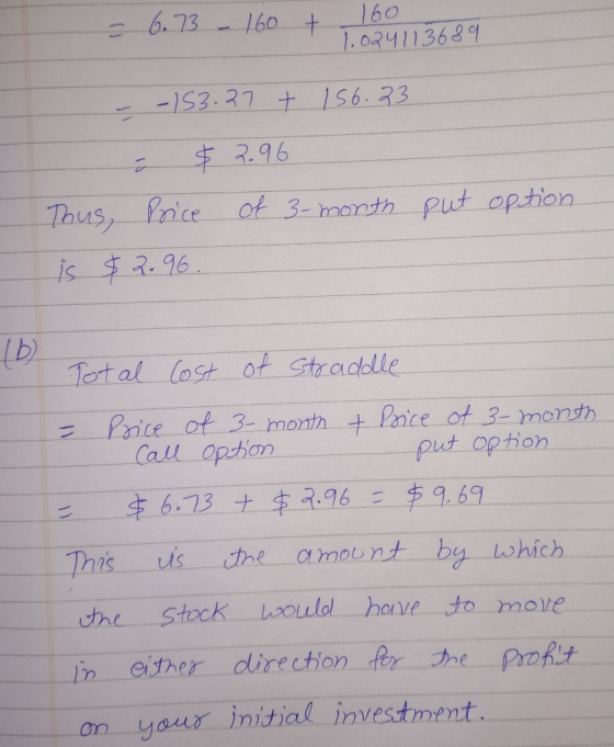 - 6.73 – 160 t , 160 1.024113689 - - 153.27 + 156.23 a $ 796 of 3-month put option Thus, Price is $2.96. D Total Cost of stra
