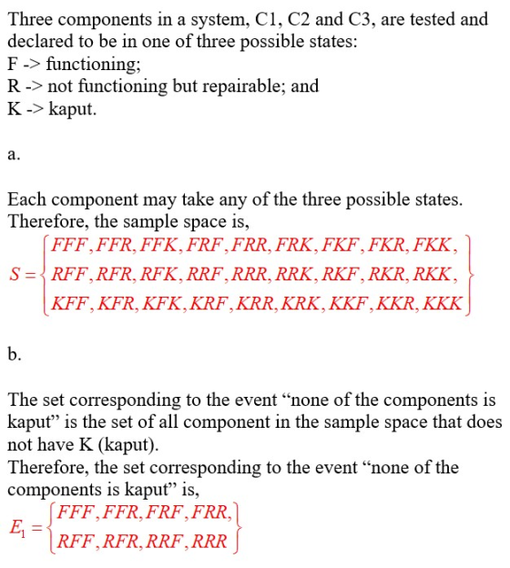 Three components in a system, C1, C2 and C3, are tested and declared to be in one of three possible states: F -> functioning;