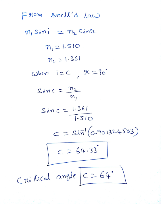 F9(ом SmellA Дао n, sini = n₂ sine n = 1.510 N₂=1-361 when i c r =90 sine = n2 Sinca 1-361 Tosio C = Siñ (0.901324503) c=64