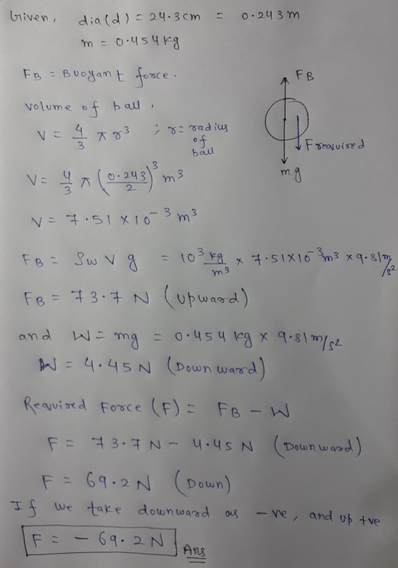 briven, diald) = 24.3cm = 0.243m m = 0.454 kg a FB FB = Buoyant force. volume of ball, VE 1783 ; re radius of ball IF realuir