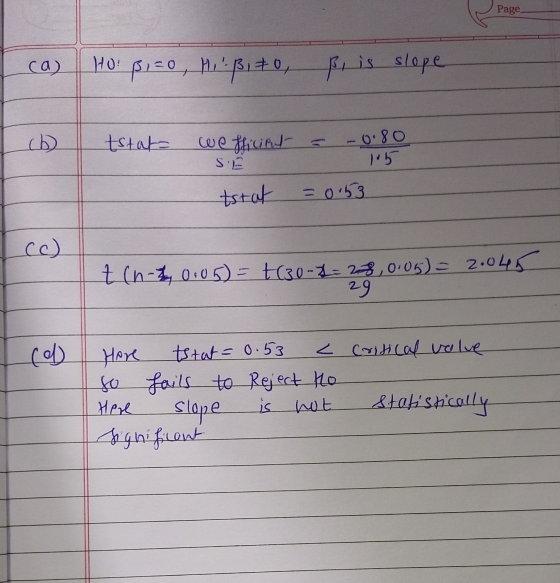 Page ca) Ho: p1=0, H, Bito B, is slope tstat -0.80 we fficient SA tsrat = 0.53 cc) t (n-3 0.05)= +(30-2=228,0.05)= 2.045 29