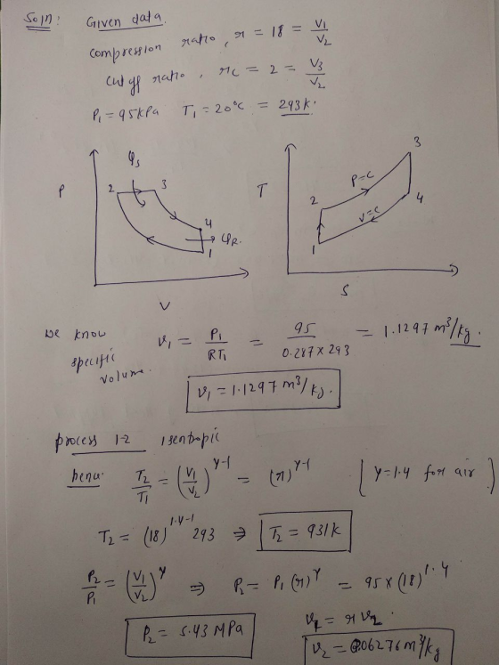 Sol: Given data compression ratio 1 = 18 = 4 calgf nako =2= 3 P = 95kPa Ti = 206 = 293k Pac 2 - we know u = R P . - 9 s = 1.1