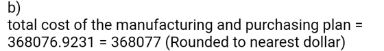 b) total cost of the manufacturing and purchasing plan 368076.9231 = 368077 (Rounded to nearest dollar)