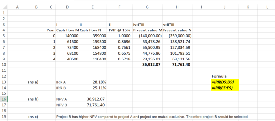 A B C D E F I J K L 111 Year Cash flow M Cash flow N 0 -140000 -359000 1 61500 159300 73400 168400 68100 154800 40500 110400