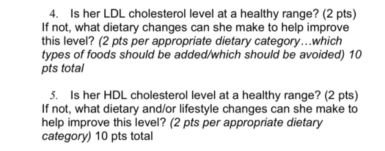 4. Is her LDL cholesterol level at a healthy range? (2 pts) If not, what dietary changes can she make to help improve this le