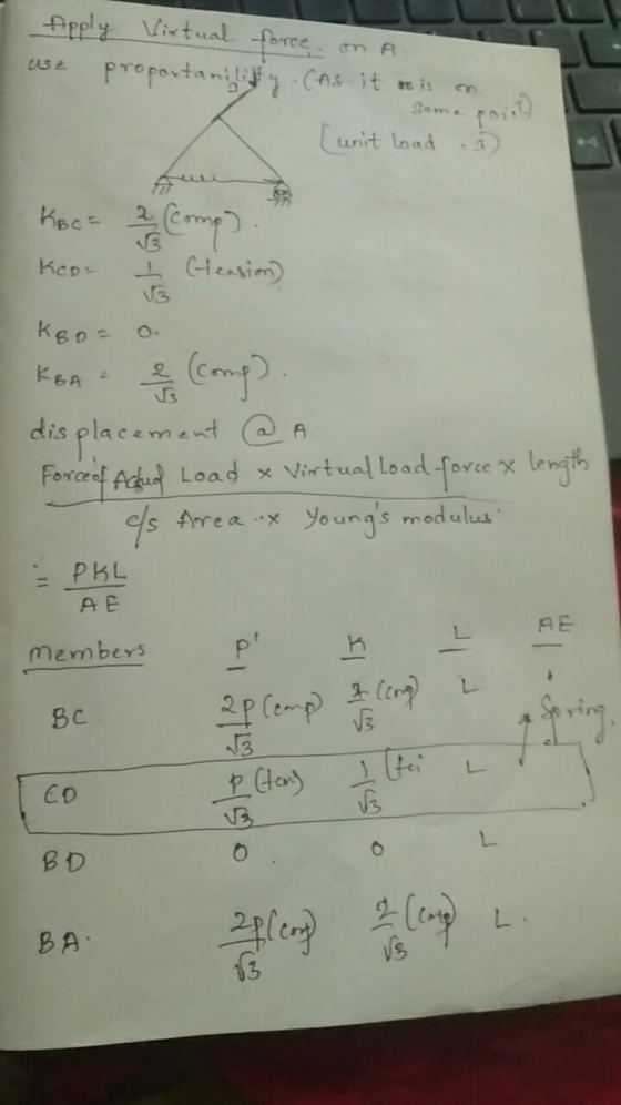Apply use Virtual force on A. proportanility (As it is en unit load : KBc= 2 (comp). Keo I hension) Кер KBO IBA - e (comp). d