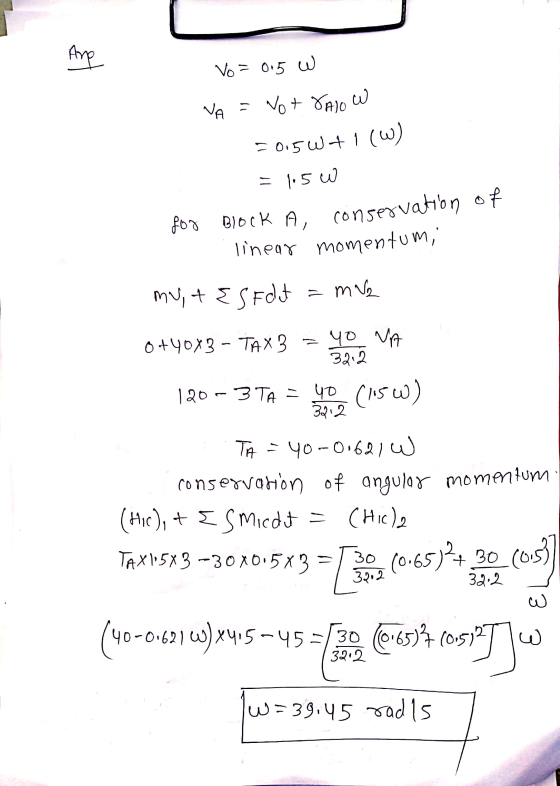linear momentum, Are Vo = 0.5 W W VA = Not &alo 2015W+1 (W) = 1.5 W for Block A, conservation of my, t ESF dut amae 0440x3 -