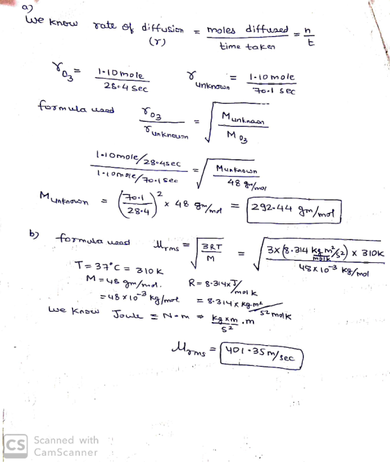 We know rate of diffusion care o diffusion = moles diffused = mor time taken TS = f02 Dmole 2864 Sec 1-omole = Unknown 70.1 s