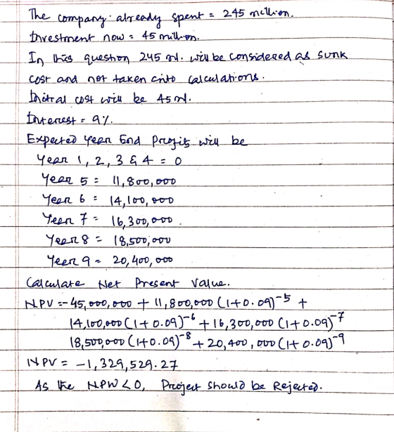 The company already spent = 245 million. threstment now = 45 million. In this question 245 m. will be considered as sunk cost