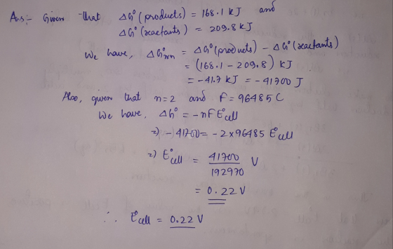 Ans - Given that ano (products) = 168.1 kJ and store AG (reactants) = 209.8 kJ We have, born = 40 (products) - Ah ( reactant
