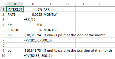 A B C D 1 INTEREST! 2 RATE 0.0025 MONTLY 3 =3%/12 EMI 5 PERIOD 36 MONTHS 6 PV $10,315.94 if emi is paid at the end of the mon