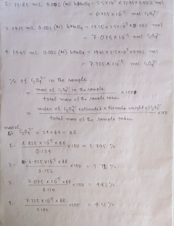 2. 12.85 mL 0.002 (M) kinoa = 2.5x10 X 12.858 0.002 mol n = 6.425x105 mol (209- 3.19.15 mL 0.002 (M) KMmoa = 14.15% 2.5x103 4