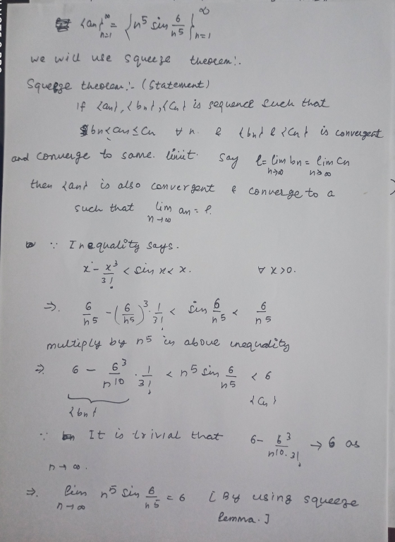 Land = ns sin is n=1 we will use squeeze theorem! Squeeze theorem (Statement) If Land, & badok Cat is sequence such that buk