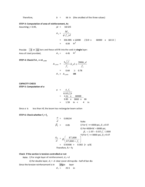 Therefore (the smallest of the three values) b = 66 in STEP-3: Computation of area of reinforcement, As Assuming j 0.95, jd=