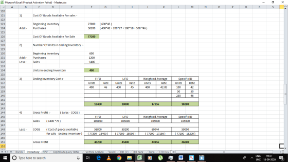 - 0 Х X Microsoft Excel (Product Activation Failed) - Master.xlsx A С D B E F G H K L M N o Р Q R S 120 121 1) Cost Of Goods