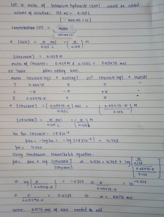 would be added let x mole of porannum hydroxide (kom) volume of solution: 125 ml = 0.125 L (1000 ml = 1.1 concentration (M) =