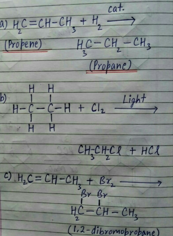 cat. 4) HC=CH-CH + 1, 2 (Propene) HC- CH – CH3 (Propane) b) HH 1 H-C-C-H + Cl₂ HH l + HCl c) H, C = CH-CH, HẠ - CH = CH, (1,2