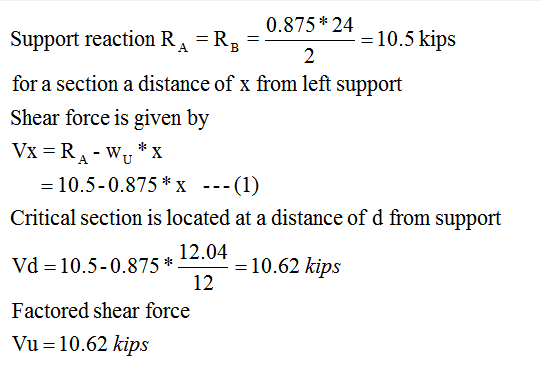 0.875*24 Support reaction RA = RB = 10.5 kips 2 for a section a distance of x from left support Shear force is given by Vx=RA