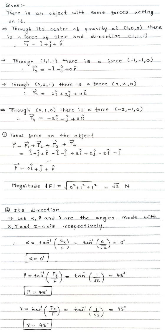 Given :- There is an object with some forces acting on it. Through its centre of gravity at 60,0,0) there is a force of and d