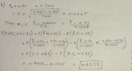 b) Pozoito S.D 2 uz 300 0.701 -0.70) & 0.0265 300 Then z بهره منده | - 0.70 0.0265 S.D P(0.67 <P<0.72) 2P (p <0.72) - Plå <0.