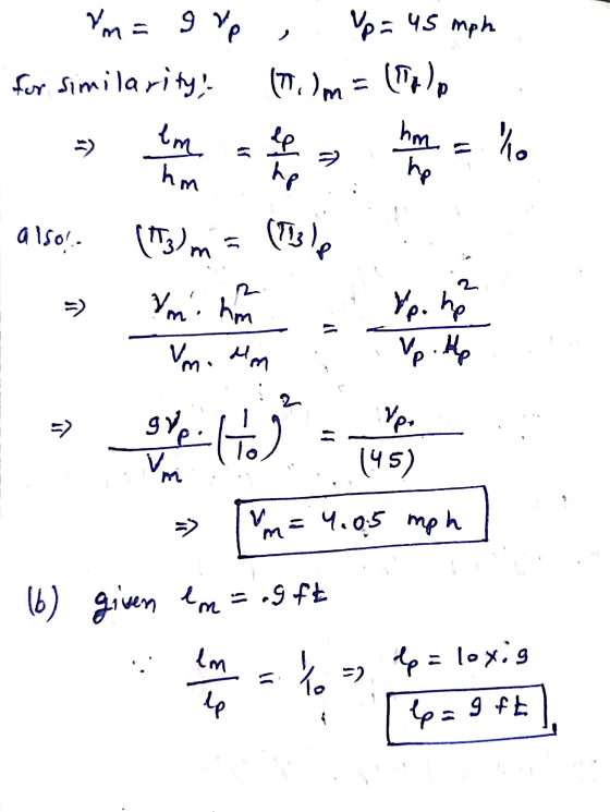 Vp = 45 mph Im = 9vp , for similarity em lp Ке Tilm = () 5 hm ho حه hm also! (153) m = (113) 2 2 =) ym. hm Vp. he Vmodim Vp.